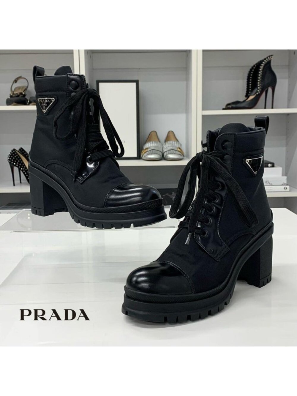 Prada Nylon Leather Triangle Logo Lace-up Short Boots